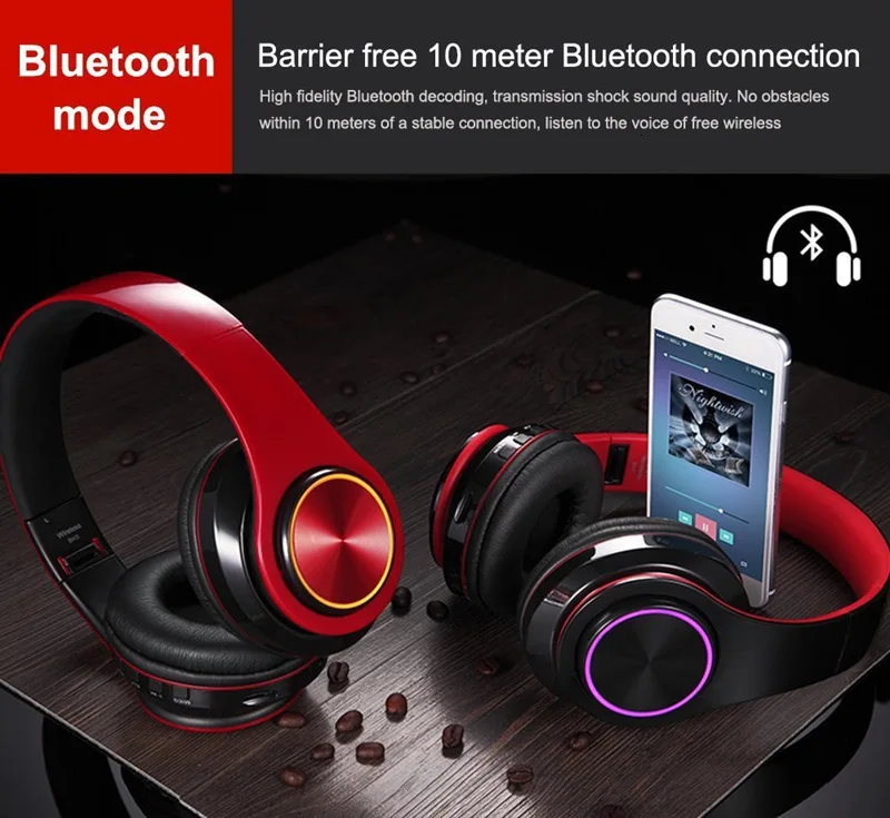 Wireless Headphones Bluetooth Headphone 7 Colors Glowing LED Headset With MIC Support TF Card For Phone PC MP3 Player