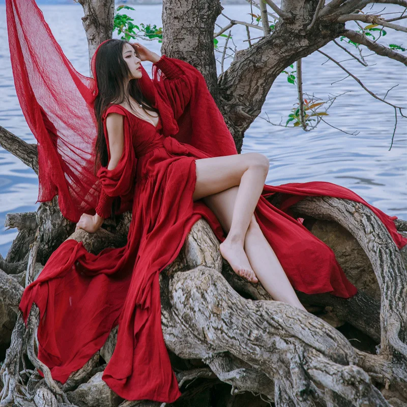 

2018 Spring And Summer New Style Dress Mid-length Flax off-Shoulder Vintage Red Color Dress