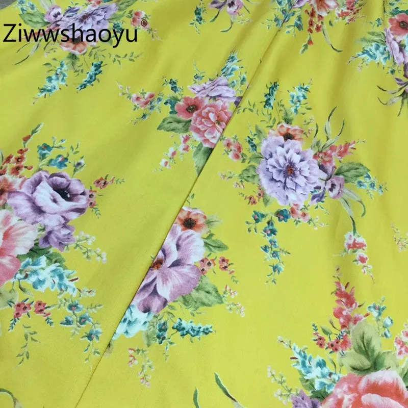 Ziwwshaoyu элегантное желтое длинное платье с цветочным принтом женское сексуальное однобортное осенне-зимнее платье с v-образным вырезом и рукавом-фонариком