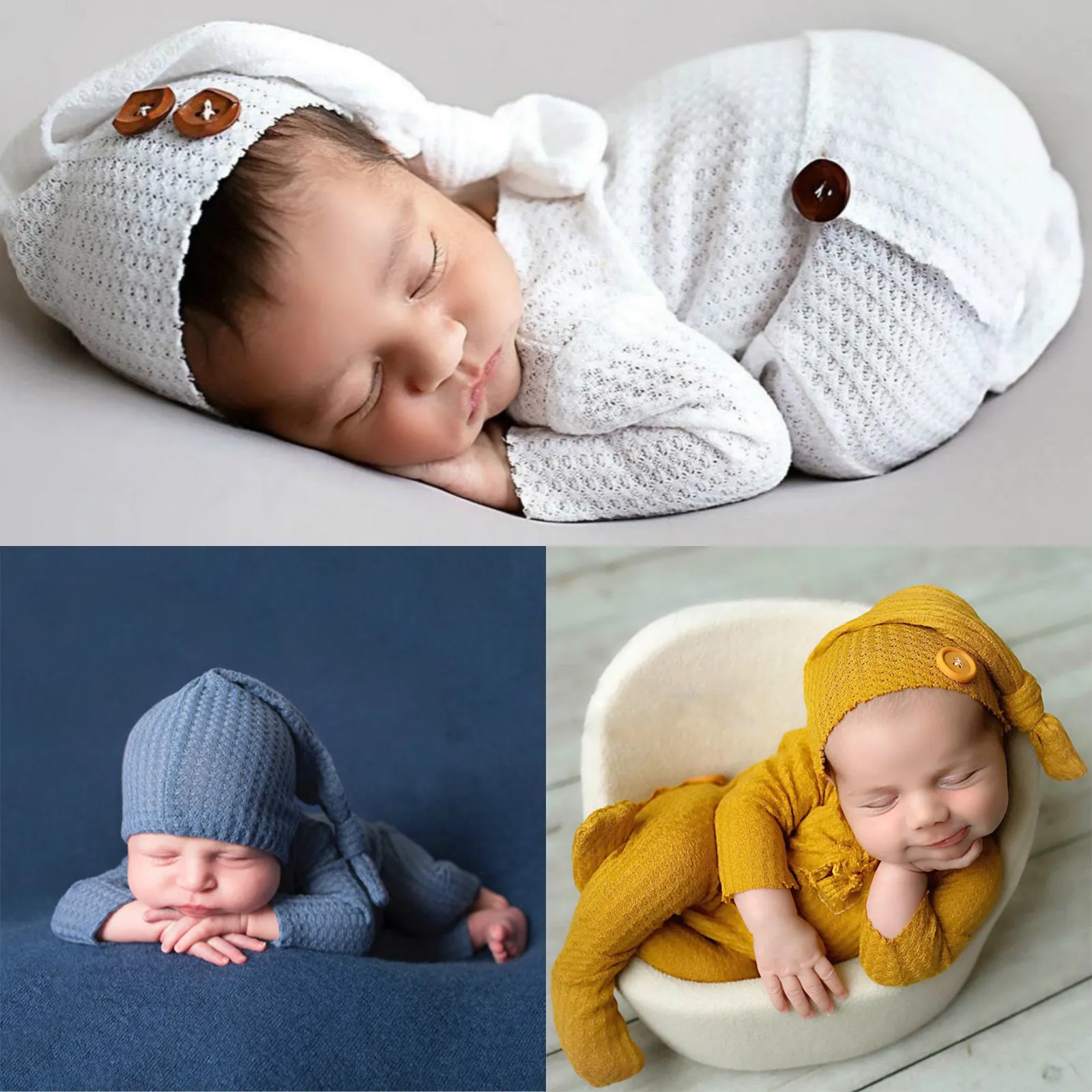Ropa de utilería de punto para niños y niñas, Pelele con pies, botones, monos, sombrero, conjunto de sombrero, manta suave, vestido