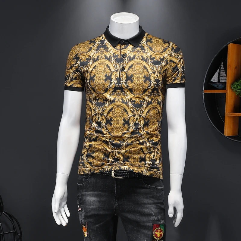 Поло Camisa Hombre 2020 летние социальные Черное золото печать с коротким рукавом