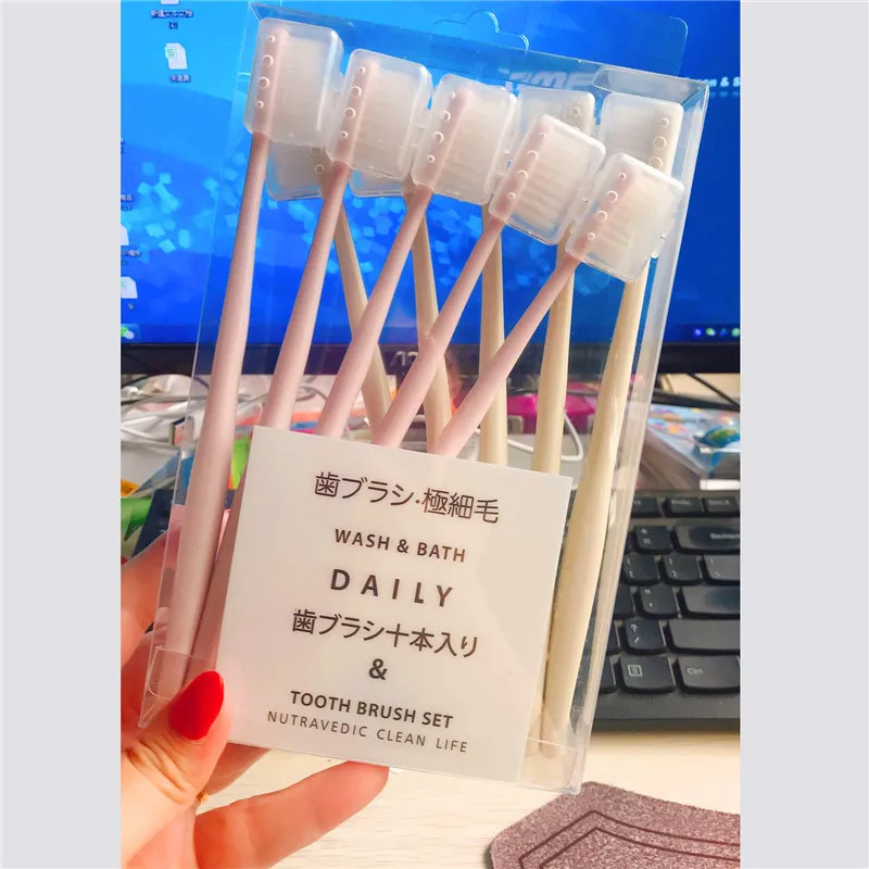 10 Piece Set Plain Color Soft Bristle Toothbrush Women's Adult with Protective Case Household Family Pack Japan Combination of E