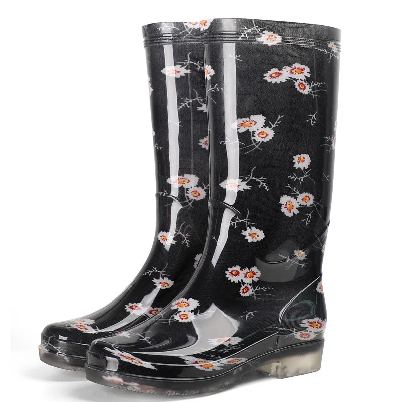 Flower Pvc Rain Boots Women High Waterproof Water Shoes Thick Heel Autumn New Female Casual Rainboots for Rain for Women