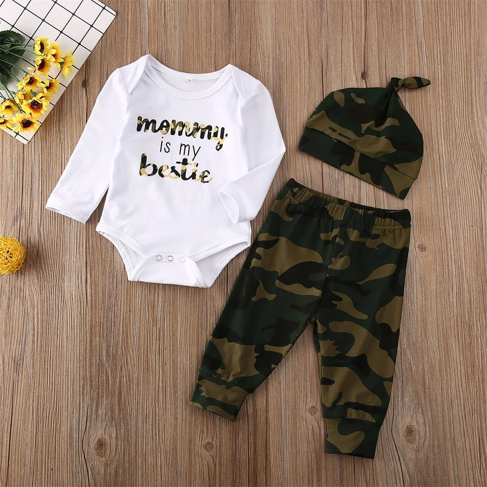 Одежда для маленьких мальчиков Боди с надписью «mommy is bestie»+ камуфляжные штаны комплект одежды из 3 предметов с шапочкой