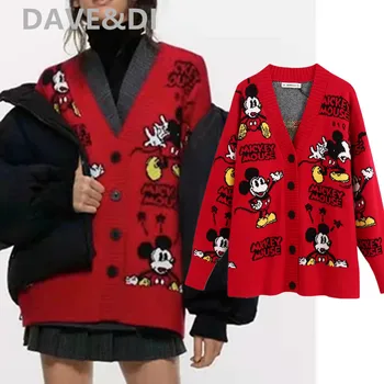 

Dave&DI england high street vintage cartoon mouse Jacquard weave oversize loose knitting jacket cardigans winter sweaters women