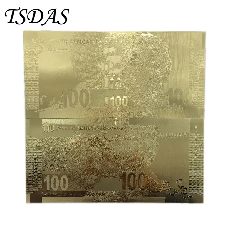 

South Africa Banknote Gold Plated 100 Rand Bills, 10pcs/lot Golden Banknotes For Gifts Collection