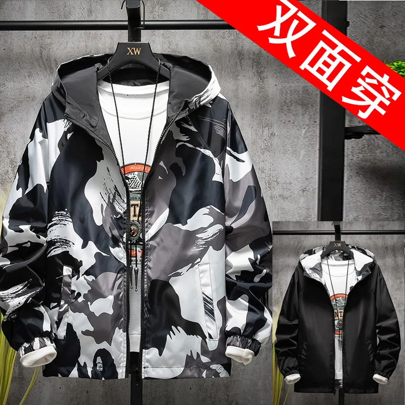 

new Spring Autumn Thin Windbreaker Jacket Mens Wear both sides jacket couple Jacket Coat Young Male Hooded bomber Outwear