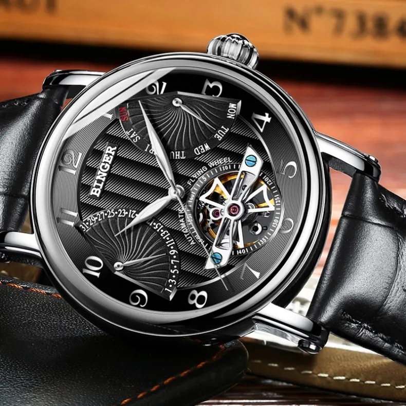 Модные Tourbillon часы от ведущего бренда, швейцарские BINGER, Мужские автоматические часы, мужские часы с кожаным ремешком и календарем, водонепроницаемые механические часы