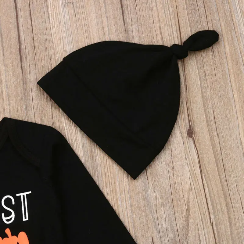 0-18M Newborn Infant Baby Boy Girl Halloween Clothing Set Pumpkin Long Sleeve Rompers + Pants + Hat Outfits