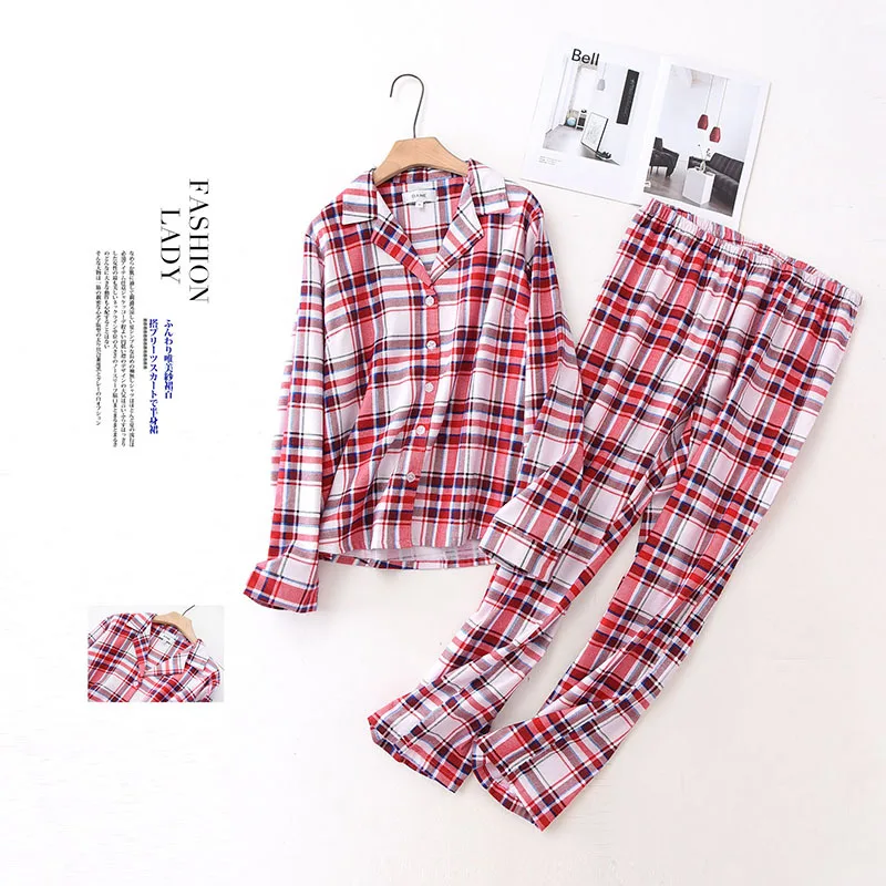

New Korean Womens Cotton Plaid Pajamas Brushed Fabric Long Sleeve Home Clothes Plus Size Pijama Loungewear Couple Sleepwear