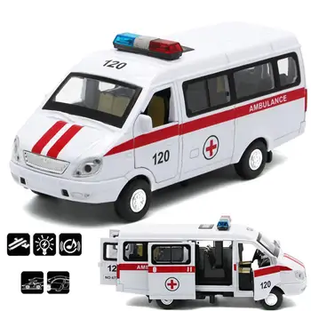 

1:32 Hospital Rescue Ambulance Police Diecast Metal Car Model With Pull Back Sound Light For Children Toys Gifts Free Shipping