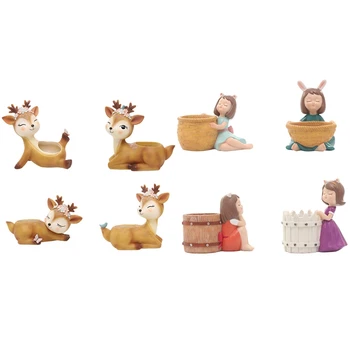

8Pcs Flowerpot Resin Succulent Planter Desk Mini Plant Pot Ornament - 4Pcs Cute Sika Deer & 4Pcs Idyllic Girls