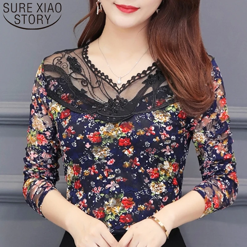 Blusas mujer de moda, женские топы с длинным рукавом, черные рубашки для женщин, топы, кружевные топы размера плюс, топы с v-образным вырезом и цветочным принтом, однотонные 6907 50