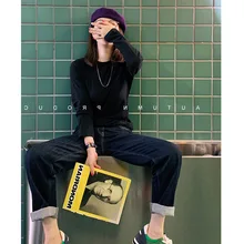 High Waist Straight Red Ear Jeans Women's Slimming 2021 Autumn Korean Style Sense of Design New Simple Dark Blue Pants