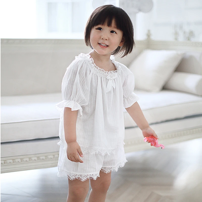Summer Girl Cotton Ruffle Tops+Shorts Bow Pajama Set.Vintage Toddler Kid Lace Pyjamas Set.Victorian Children Sleepwear Nightwear pajama sets affordable	