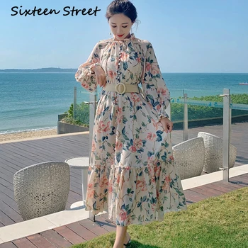 

New Spring Floral Printed Chiffon Dress Woman long sleeve single-breasted Chic Fashion Dresses female autumn clothing