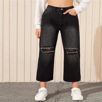 

Women High Waist Denim Pants Cool Ripped Hole Button Straight-leg Black Pants Casual Pocket Long Trouser All Match Style