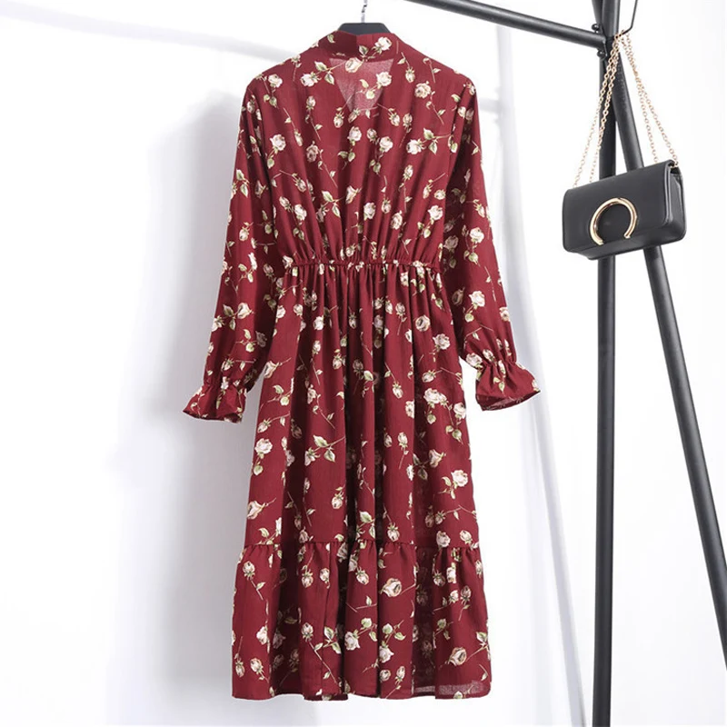 Women Casual Autumn Dress Lady Korean Style Vintage Floral Printed Chiffon Shirt Dress Long Sleeve Bow Midi Summer Dress Vestido