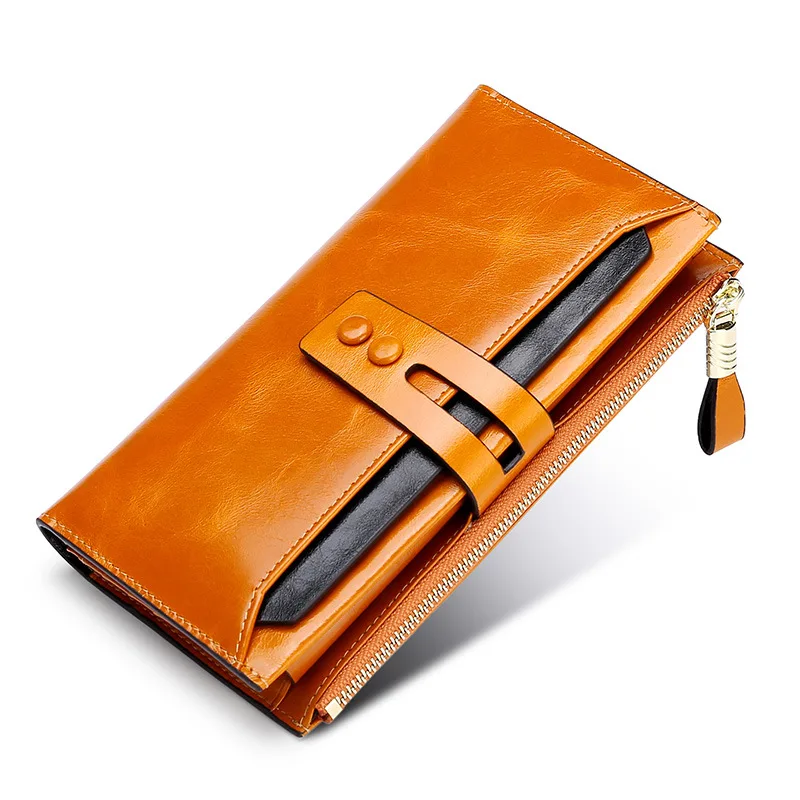 

Women's Wallet Card Bit More Buckle Long Oil Wax Leather Wallet Europe And America Retro Genuine Leather Clutch Bag
