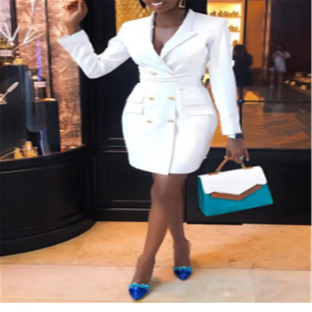

Autumn Office Ladies Elegant Blazer Dress Women Spring Solid White Slim A-Line Double-Breasted Shirt Dresses OL Retro Party Robe