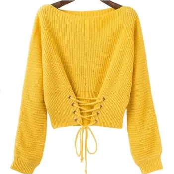 

Lace Up Crop Casual Women Sweater 2020 Autumn Winter Knitted Pullovers Long Sleeve O Neck Loose Jumper Top Bandage Sweater