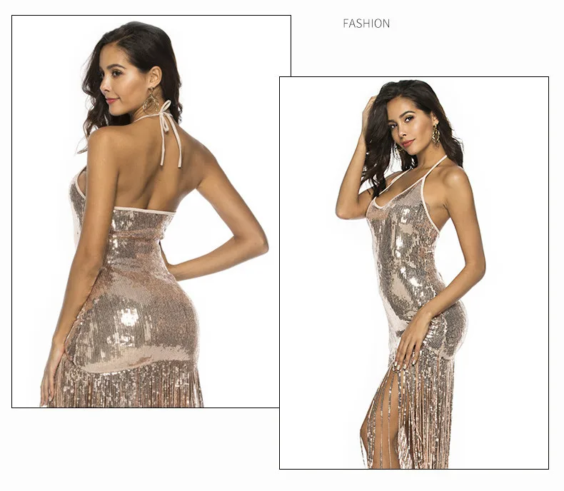 KAUNISSINA Sequin Tassel Cocktail Dresses Sexy Club Wear Party Dress Halter Strap Backless Party Gown Cocktail Dress