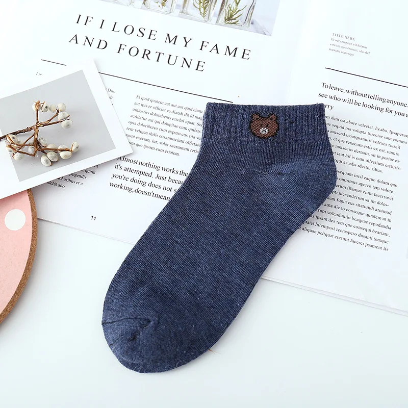 Bear socks 10 Kawaii/женские носки с вышитыми рисунками; Веселые носки до лодыжки; женские милые хлопковые короткие носки в стиле Харадзюку; Sox Girl Sokken - Цвет: Bear socks 10