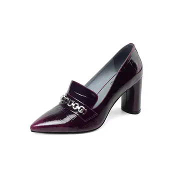 

High Heels poined Toe Retro Women Pumps Spring Autumn Genuine Leather Metal Deocration Party Single Shoes Woman