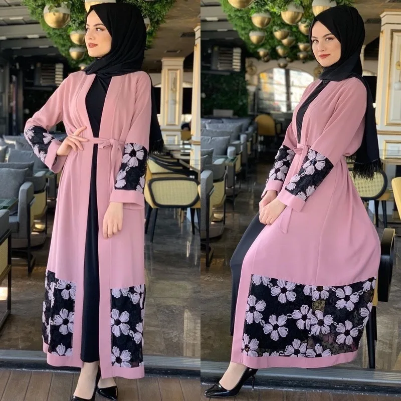 

Muslim Women Dresses Long Sleeve Patchwork Turkish Robe Floral Printing Dress Plus Size Loose Arab Caftan Kimono