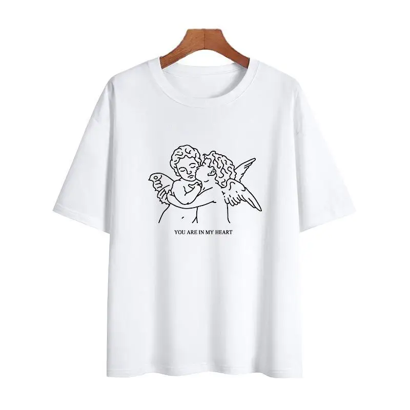 

Couple T-shirt Angel Cupid Simple Line Pattern Print Harajuku Round Neck Loose Lovely Casual Short Sleeve Free Shipping