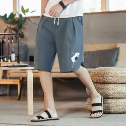 Linen Shorts Men's Summer Home Pants Chinese Style Crane Embroidery Large Size Loose Casual Beach Pants
