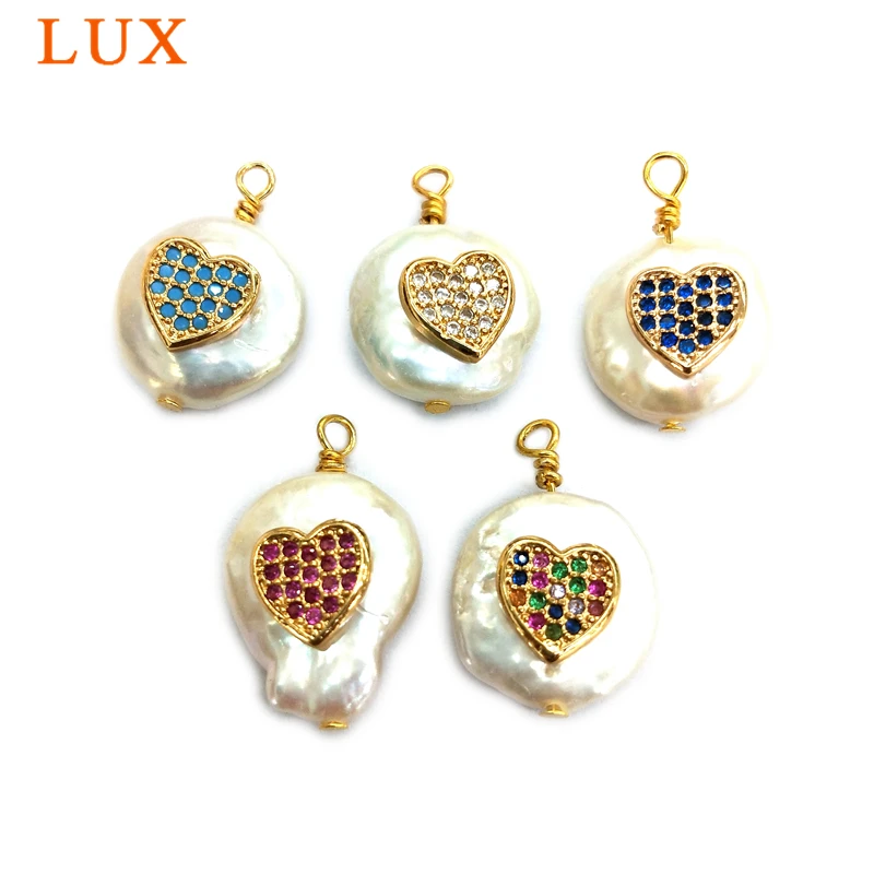 

LUX Natural heart shape Pearls Pendant White Pearl Charm micro CZ Pave cubic zirconia paved Gems stone Boho Jewelry DIY Making