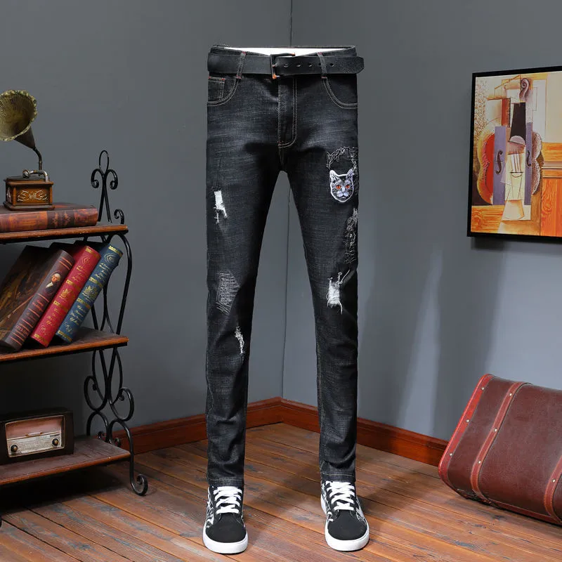 

New jeans men's middle-aged and young men's slim small straight embroidery men's hole casual long pants black demin men jeans