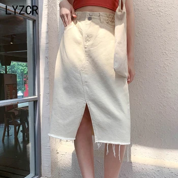 

LYZCR White Midi Skirt Women Summer 2020 High Waist Midi Denim Skirts Femle Front Split A Line SKirt Jeans Falda Midi Blanca