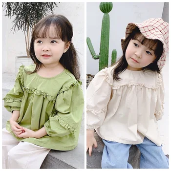 

2020 Children Spring New Girl Cotton Causal Solid Color Ear Edge Nine Sleeve Shirt Toddler Kids Pullover Blouses Top Clothing