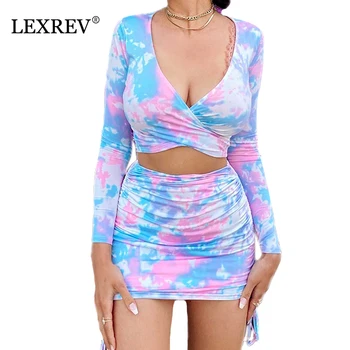 

2pcs Matching Sets Tie Dye V Neck Women Two Piece Sets Drawstring Short Sleeve Sexy Club Outfits Bodycon Top And Skirt Set