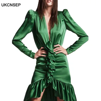 

UKCNSEP High Quality Winter Dress 2020 New Sexy Long Sleeve V Neck Ruffle Bodycon Celebrity Evening Party Dress Elegant Dress