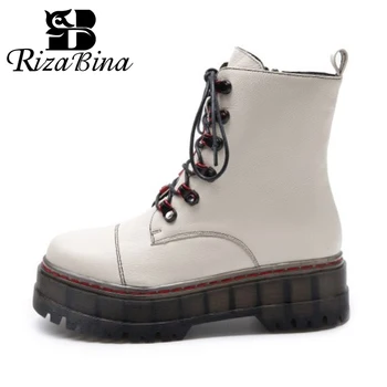 

RIZABINA Real Leather Women Ankle Boots Lace Up Trifle Shoes Round Toe Flats Warm Boots Women Casual Fashion Footwear Size 34-39