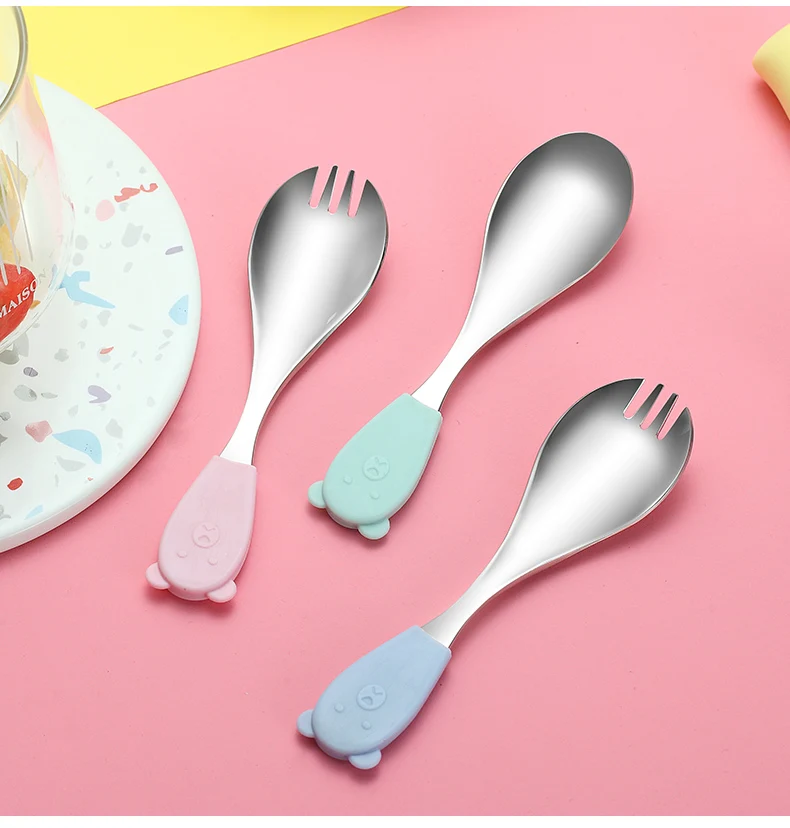 Portable Silicone Cutlery Travel304 Stainless Steel Kids Tableware Spoon Fork Creative Cute Children Student Cutlery Box Set 5CD