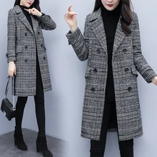 MinuoYi Новое плотное шерстяное пальто средней длины с длинным рукавом и отложным воротником женское черно-белое пальто с карманами в клетку Лидер продаж