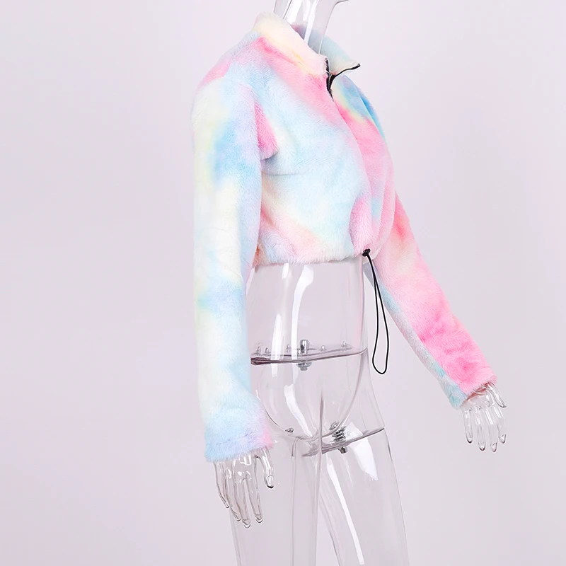 Hugcitar 2019 tie dye long sleeve zipper high neck Faux lambswool crop tops autumn winter women streetwear solid coat jacket