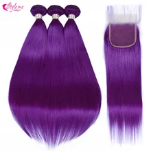 Styleme фиолетовые пучки с закрытием Детские волосы цветные малазийские прямые пучки с 4*4 синтетическое закрытие шнурка человеческие волосы