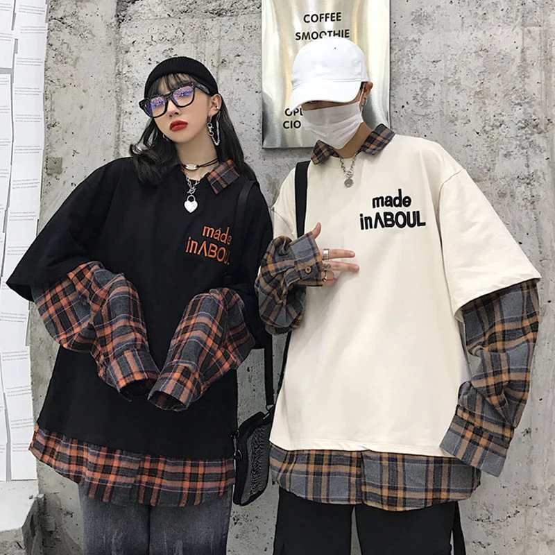 Осень ins Harajuku винтажный BF сшитый поддельный Двухсекционный клетчатый свитер Женская мода уличная Свободная Повседневная Женская толстовка