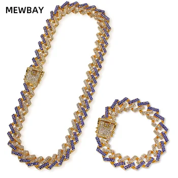 

Bling Iced Out CZ 15mm Cuban Chain Color Zircon Necklace Miami Bracelet Men Fashion Personality Stainless Steel Hip Hop Jewelry