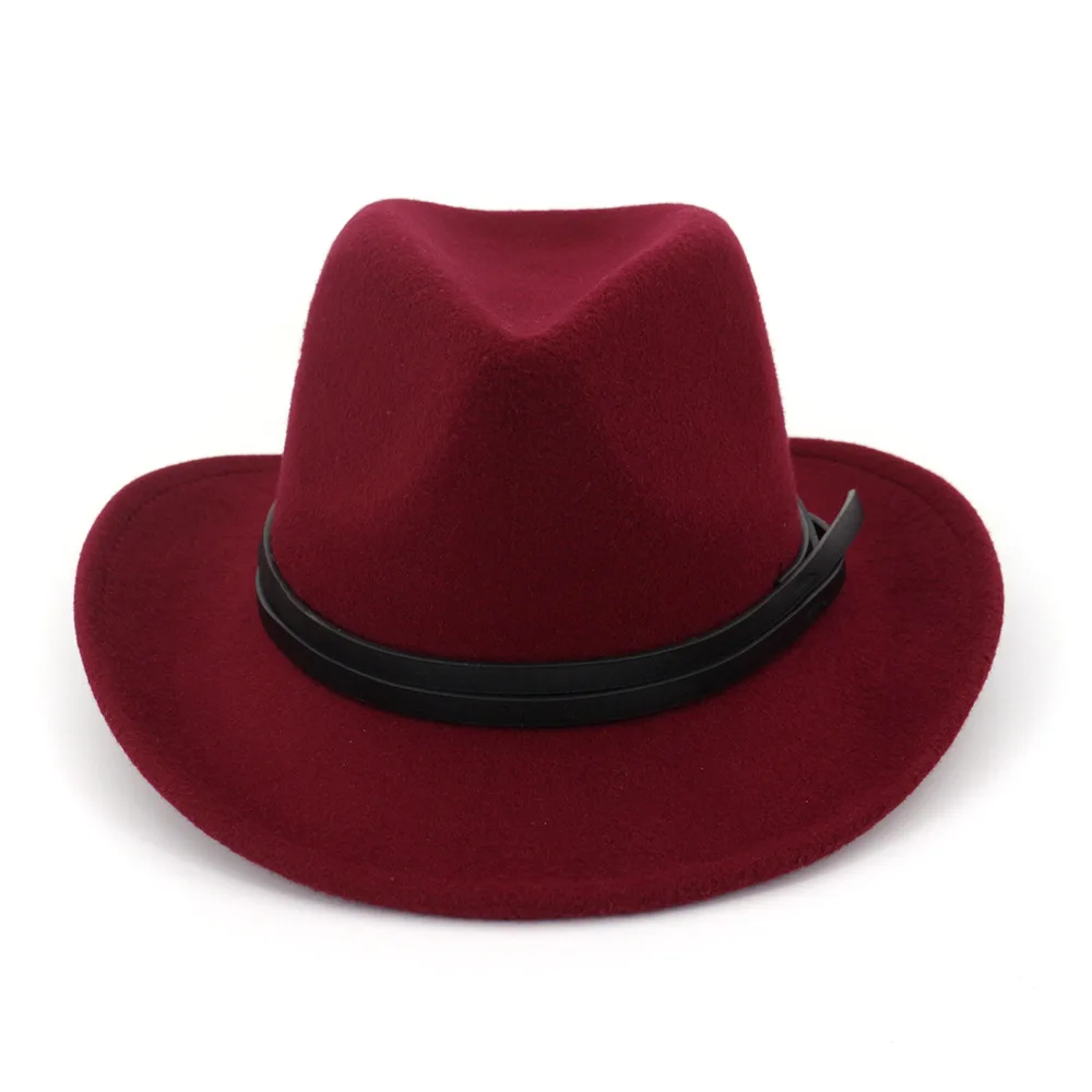 Autumn And Winter Solid color brimmed hat Travel cap Fedoras jazz hat Panama hats for women and girl 53 - Color: wine red