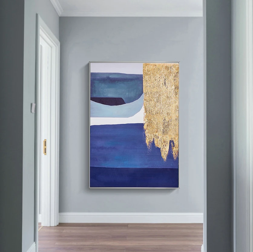 

New Design Oil Painting Works Art Handmade Modern Gold and Blue Abstract Landscape Painting On Canvas Hotel Home Decoration