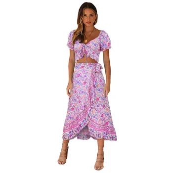 

Summer Boho beach 2 piece set Short Bow Floral print Short sleeve T-shirt top + long irregular skirt casual women plus size sets
