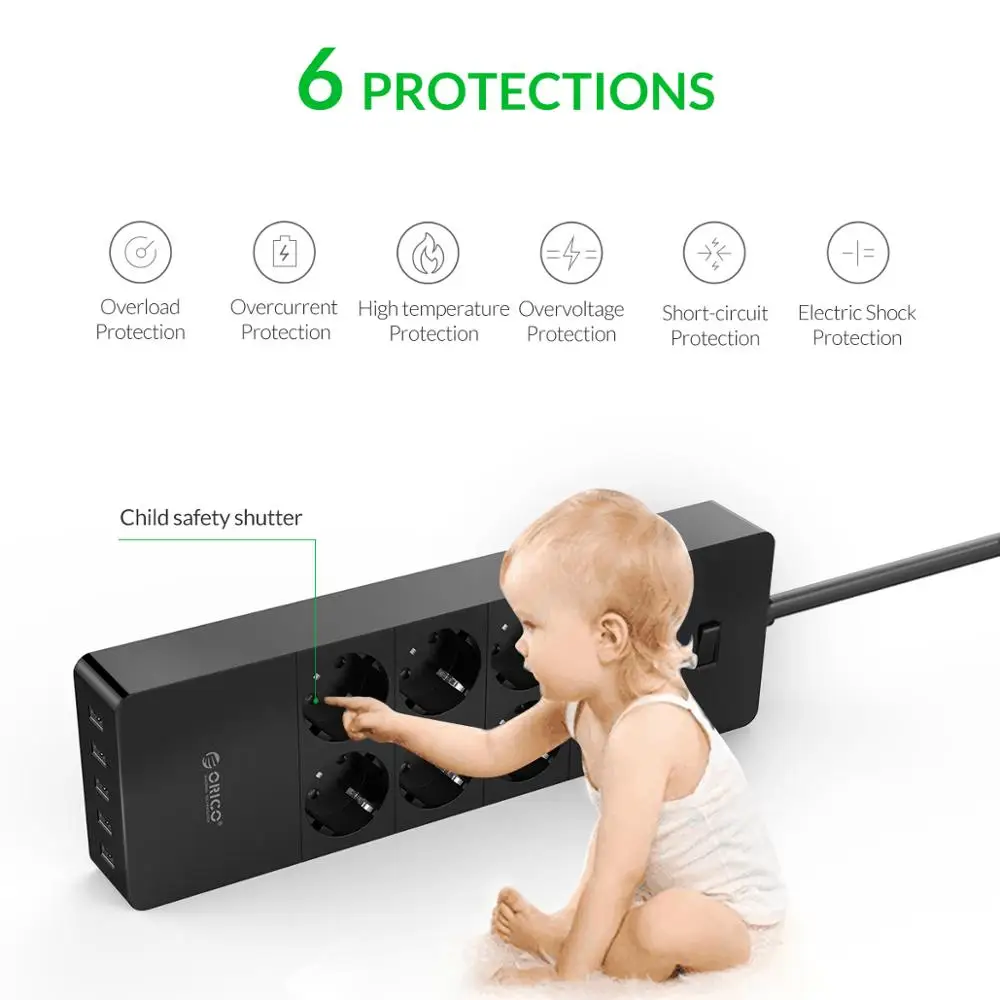 Plugue da ue Adaptador de Energia Orico Tomada Elétrica Cabo Extensão Tira Inteligente Soquetes 8ac 5 Usb - Image 4