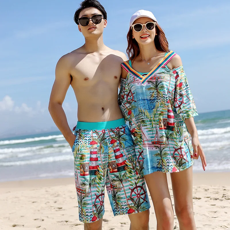 

Xigeer Couples Bathing Suit Four-piece Set Women's Belly Covering Conservative Boxer Slimming Sports Bathing Suit Men Beach Swim