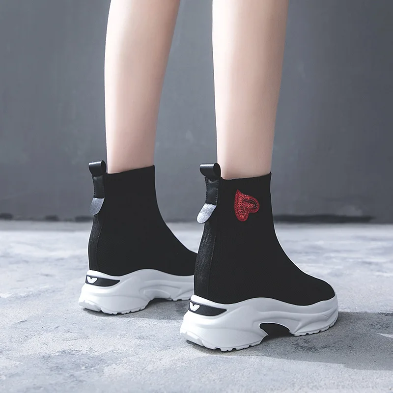 

Heart Red Elevator wa zi xie Women's 2019 New Style Fly Woven Elasticity Hight-top Casual Students Short Boots High-heeled Shoes